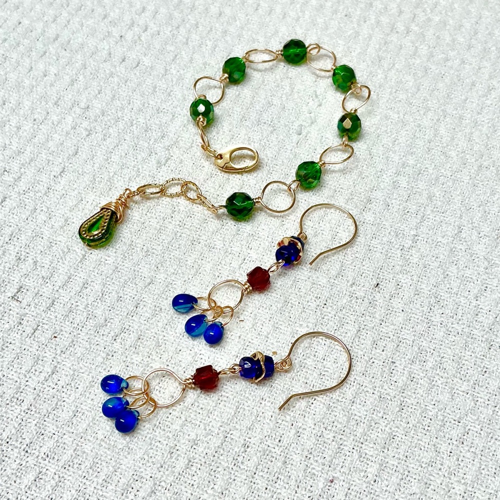 Emerald, Cobalt, Ruby Jewel Toned Adjustable Bracelet & Earrings